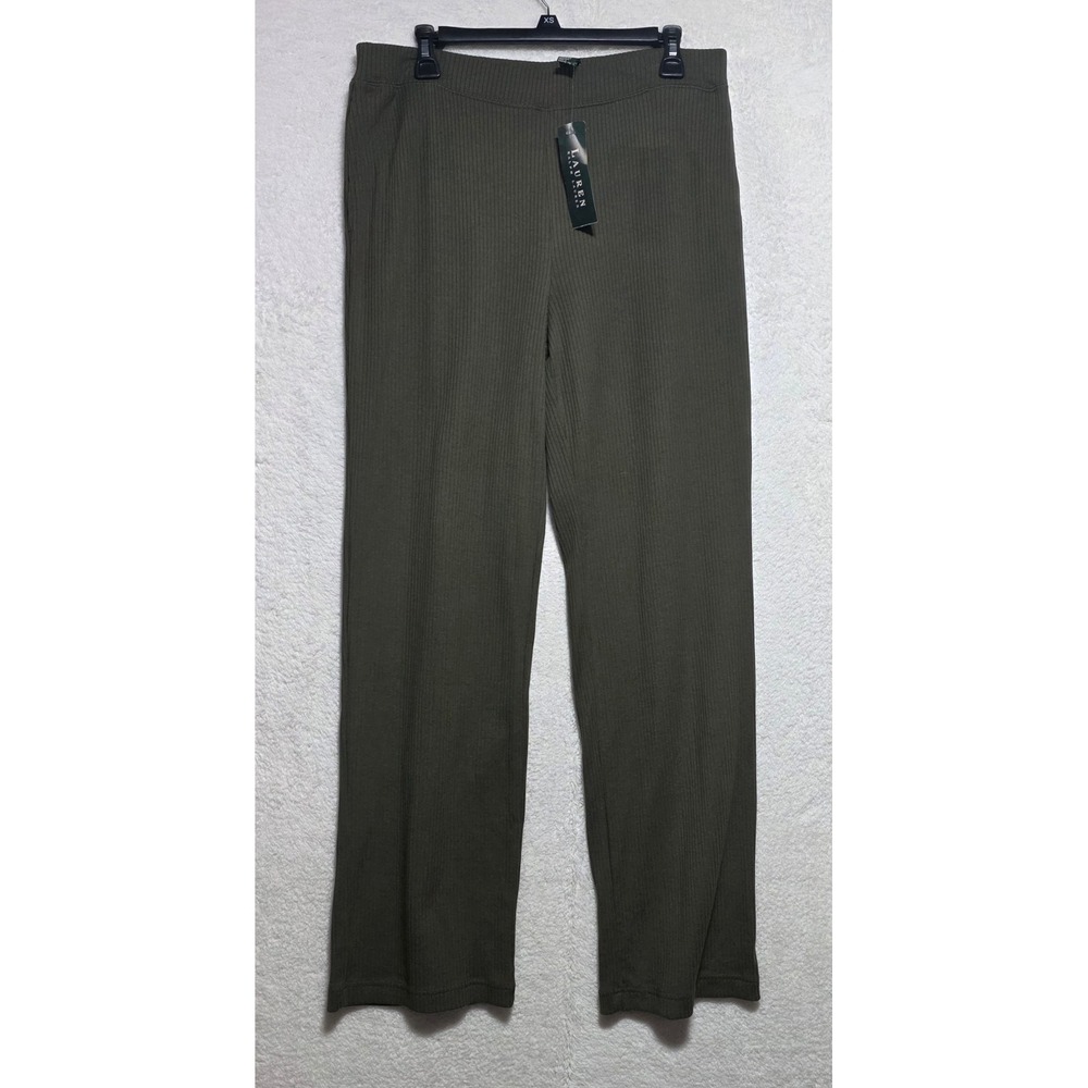 Lauren Ralph Lauren Olive Green Ribbed Cotton Wide Leg Pants Large NWT